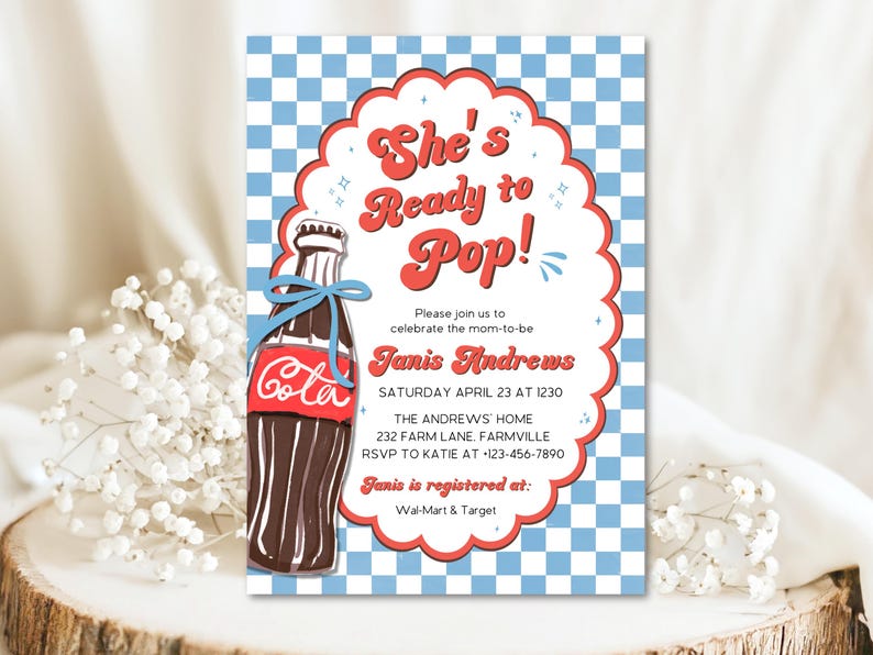 May include: Invitation with a retro design featuring a brown soda bottle with a blue bow and the word "Cola." The invitation reads "She's Ready to Pop!" and includes event details for Janis Andrews.