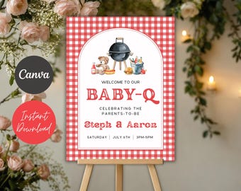 Baby-Q Welcome Sign Template | Red Gingham BBQ Shower Decor (Instant Download)