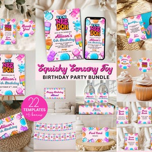 Può includere: Un set digitale per festa di compleanno con 22 modelli su sfondo rosa, grafiche colorate di giocattoli sensoriali e il testo You Nee Doh, Allison's 6th Birthday. Include inviti, decorazioni per cupcake, striscioni e cartelli.