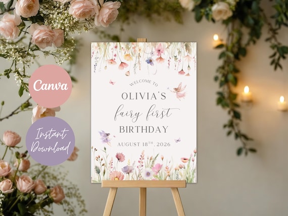 Fairy First Birthday Welcome Sign: Editable Party Template (Instant Download)