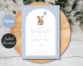 Blue Gingham Teddy Bear Baby Shower Invitation (Digital Download)