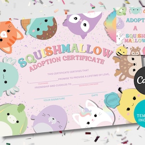May include: A pink Squishmallow adoption certificate with colorful cartoon characters. The certificate includes fill-in-the-blank fields for the adopter's name and the Squishmallow's name. The certificate also has the text "Adopt a Squishmallow".