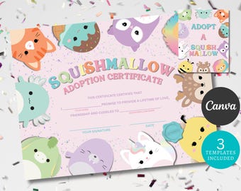 Afdrukbaar adoptiecertificaat squishmallow