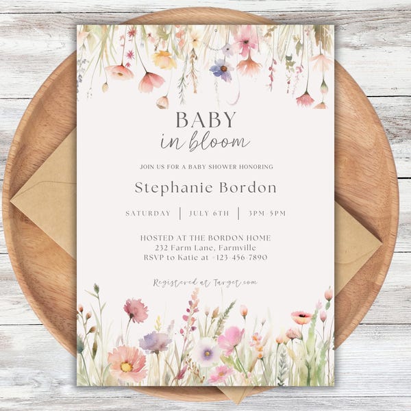 Wildblumen-Babyparty-Einladung: bearbeitbares rosa Blumen (Digitaler Download)