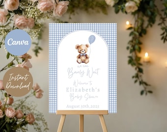 Blue Gingham Bear Baby Shower Welcome Sign (Editable Template, Digital Download