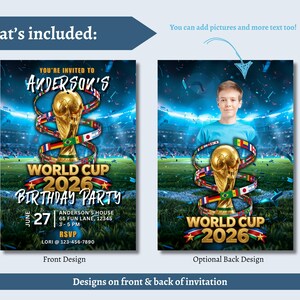 Puede incluir: Una plantilla de invitaci&oacute;n digital para una fiesta de cumplea&ntilde;os de la Copa Mundial 2026 con un trofeo dorado rodeado de banderas internacionales sobre un campo de f&uacute;tbol. El frente incluye detalles de la fiesta y el reverso un espacio para una foto.