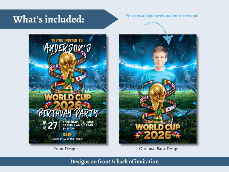 Puede incluir: Una plantilla de invitaci&oacute;n digital para una fiesta de cumplea&ntilde;os de la Copa Mundial 2026 con un trofeo dorado rodeado de banderas internacionales sobre un campo de f&uacute;tbol. El frente incluye detalles de la fiesta y el reverso un espacio para una foto.