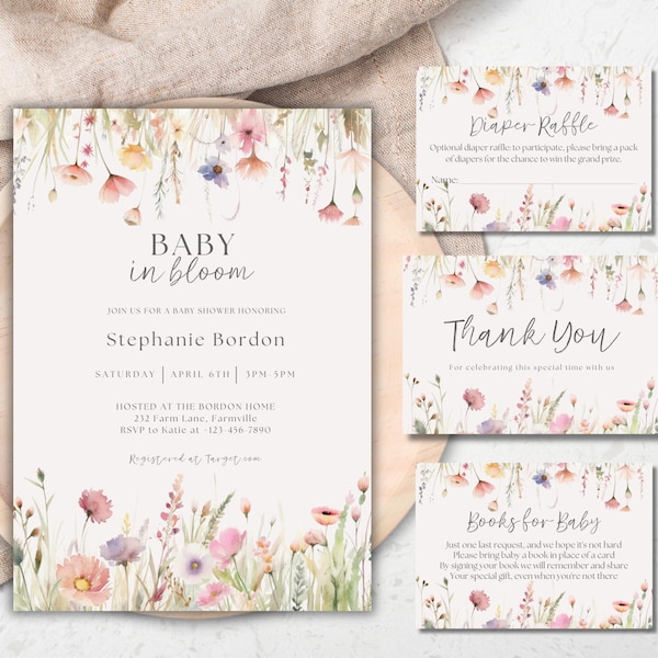 Wildblumen-Babyparty-Einladungspaket: Bearbeitbare Blumeneinladung (Digitaler Download)