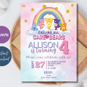 Faire-part d'anniversaire oursons de soins, invitation de fête d'anniversaire modifiable imprimable, modèle d'Invitation de fête, carte d'invitation oursons de soins, âge modifiable