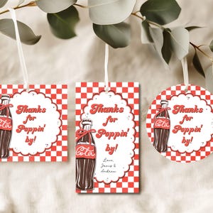 May include: Three gift tags with a vintage soda bottle illustration. The tags have a red and white checkered background and a white scalloped border. Text reads "Thanks for Poppin' by!" and "Love, Janis & Andrew."