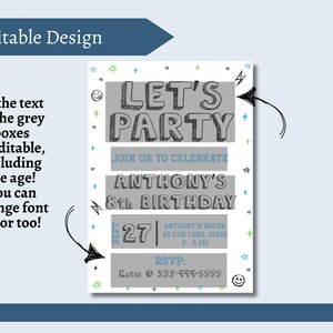 Puede incluir: Invitaci&oacute;n de fiesta de cumplea&ntilde;os editable con un esquema de color azul, verde y blanco. La invitaci&oacute;n dice "Let's Party" y "&Uacute;nete a nosotros para celebrar el octavo cumplea&ntilde;os de Anthony".