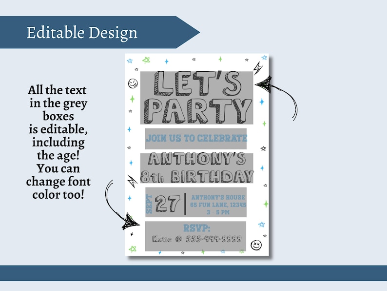 Puede incluir: Invitaci&oacute;n de fiesta de cumplea&ntilde;os editable con un esquema de color azul, verde y blanco. La invitaci&oacute;n dice "Let's Party" y "&Uacute;nete a nosotros para celebrar el octavo cumplea&ntilde;os de Anthony".