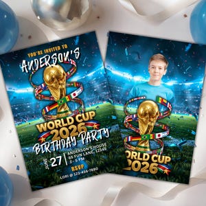 Puede incluir: Dos invitaciones rectangulares con un trofeo dorado rodeado de banderas internacionales sobre un campo de f&uacute;tbol. El texto dice: You're invited to Anderson's World Cup 2026 Birthday Party, June 27, Anderson's House, 65 Fun Lane, 12345, 3-5 PM, RSVP Lori 123-456-7890.