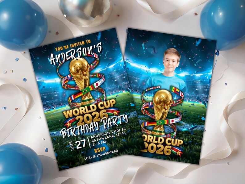 Puede incluir: Dos invitaciones rectangulares con un trofeo dorado rodeado de banderas internacionales sobre un campo de f&uacute;tbol. El texto dice: You're invited to Anderson's World Cup 2026 Birthday Party, June 27, Anderson's House, 65 Fun Lane, 12345, 3-5 PM, RSVP Lori 123-456-7890.