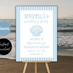 Seashells & Wedding Bells Bachelorette Welcome Sign with Itinerary Template (Coastal Canva Editable)