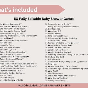 K&ouml;nnte beinhalten: Eine rosa-wei&szlig;e Grafik listet 50 vollst&auml;ndig bearbeitbare Babyparty-Spiele auf, darunter Quiz, Bingo und Wortspiele. Der Text "What's included" steht oben. Die Liste enth&auml;lt auch Spielantwortb&ouml;gen.