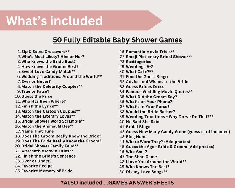 K&ouml;nnte beinhalten: Eine rosa-wei&szlig;e Grafik listet 50 vollst&auml;ndig bearbeitbare Babyparty-Spiele auf, darunter Quiz, Bingo und Wortspiele. Der Text "What's included" steht oben. Die Liste enth&auml;lt auch Spielantwortb&ouml;gen.