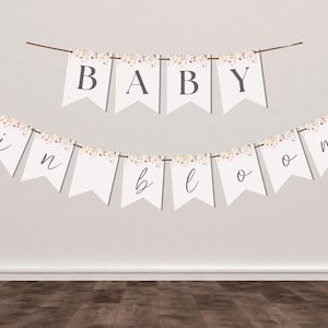 Baby in Bloom Banner: Floral Baby Shower Bunting (Digital Download, PDF Template)