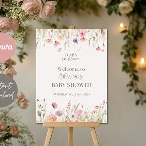Bearbeitbares Baby in Bloom Babyparty Willkommensschild, Wildblumen-Babypartyschild, rosa Frühlingsblumen-Babyparty, bearbeitbar druckbar
