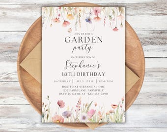 May include: A white rectangular invitation card featuring watercolor wildflowers at the top and bottom edges. The text reads: JOIN US FOR A GARDEN PARTY IN CELEBRATION OF Stephanie's 18TH BIRTHDAY SATURDAY | JULY 15TH | 3PM-5PM HOSTED AT STEPANIE'S HOME 232 FARM LANE, FARMVILLE RSVP TO KATIE AT +123-456-7890.