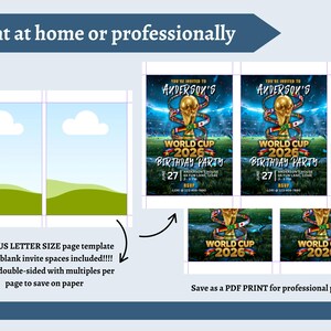 Puede incluir: Una plantilla digital para una invitaci&oacute;n de cumplea&ntilde;os de la Copa Mundial 2026 con un trofeo dorado, fondo de estadio y el texto "You're invited to Anderson's World Cup 2026 Birthday Party". Incluye un dise&ntilde;o de p&aacute;gina en blanco para imprimir.