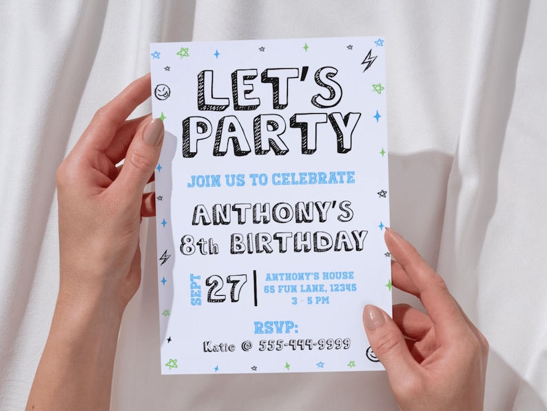Plantilla de invitación de cumpleaños para niño: Blanco y negro (Descarga digital) imagen 7