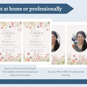 May include: A printable invitation design for a garden party, featuring floral illustrations in soft pastel colors. The invitation includes the text "Garden Party" and details for Stephanie's 18th birthday. The image also shows a photo of a person.