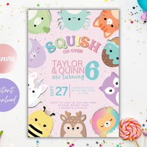 Invitación de cumpleaños de Squishmallow para gemelos: Tema editable (descarga digital)