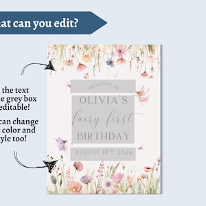 May include: A customizable sign with a floral design and the text "Welcome to Olivia's fairy first BIRTHDAY AUGUST 18th, 2026". The text in the grey boxes is editable, and the font color and style can be changed.