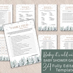 May include: A collection of printable baby shower game cards featuring a winter theme with snowy pine trees and snowflakes. The set includes titles like Family Feud, Guess Who, What's in Your Purse, Famous Babies Trivia, and Would Mommy Rather.