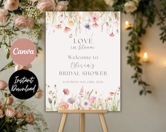 Liebe in Blüte Brautparty Willkommen Zeichen Vorlage | Bearbeitbares Blumenposter (Digitaler Download)