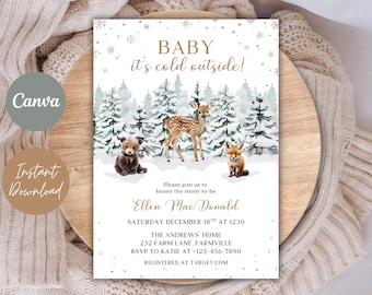 Invito per baby shower a tema animali del bosco / Foresta invernale (modello Canva modificabile)