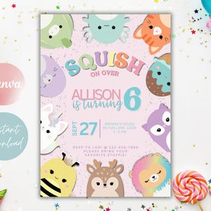 May include: A pink birthday invitation with the text "Squish on Over" and "Allison is turning 6". The invitation features cartoon characters and the date September 27. Includes contact information and party details.