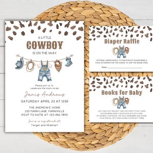 Pacchetto di inviti per baby shower a tema cowboy, invito "Un piccolo cowboy è in arrivo", baby shower con stendibiancheria da cowboy, pannolini per neonati, libri per neonati