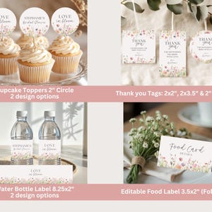 K&ouml;nnte beinhalten: Eine Sammlung von Partyzubeh&ouml;r mit floralen Designs. Enth&auml;lt Cupcake-Topper, Dankeskarten, Wasserflaschenetiketten und Essensetiketten. Die Cupcake-Topper sind 5 cm Kreise. Die Dankeskarten sind 5x5 cm, 5x9 cm und 5 cm Kreise. Die Wasserflaschenetiketten sind 21x5 cm.