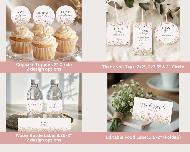 K&ouml;nnte beinhalten: Eine Sammlung von Partyzubeh&ouml;r mit floralen Designs. Enth&auml;lt Cupcake-Topper, Dankeskarten, Wasserflaschenetiketten und Essensetiketten. Die Cupcake-Topper sind 5 cm Kreise. Die Dankeskarten sind 5x5 cm, 5x9 cm und 5 cm Kreise. Die Wasserflaschenetiketten sind 21x5 cm.