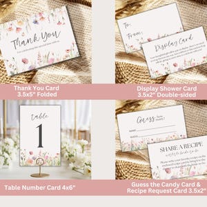 K&ouml;nnte beinhalten: Eine Sammlung von Schreibwarenkarten mit floralen Designs. Enth&auml;lt eine "Thank You"-Karte, eine "Display Card", eine Tischnummerkarte und Karten f&uuml;r Ratespiele und Rezepte. Die Karten haben eine weiche, pastellfarbene Farbpalette.