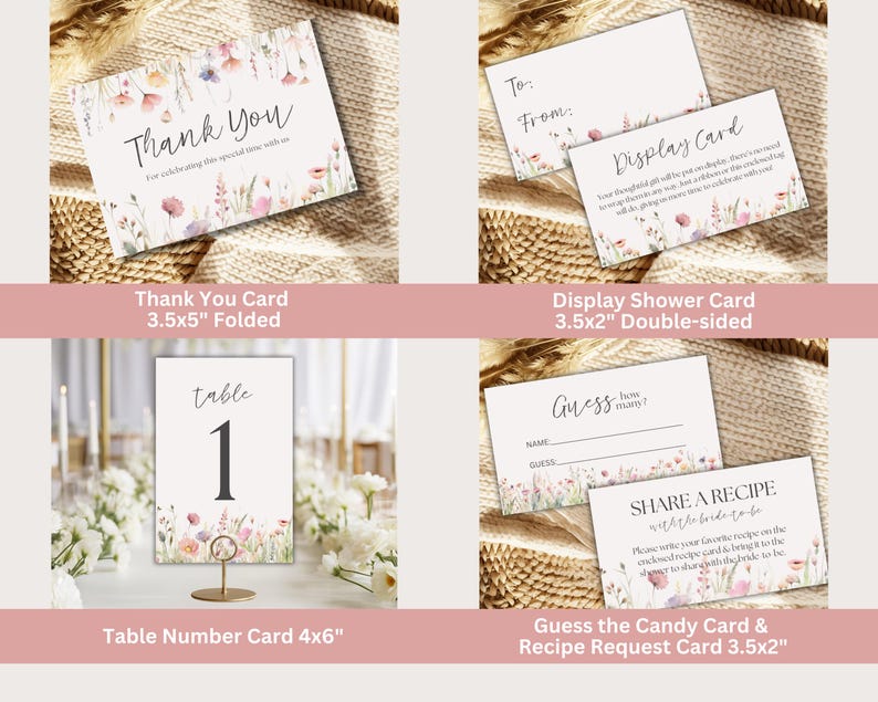 K&ouml;nnte beinhalten: Eine Sammlung von Schreibwarenkarten mit floralen Designs. Enth&auml;lt eine "Thank You"-Karte, eine "Display Card", eine Tischnummerkarte und Karten f&uuml;r Ratespiele und Rezepte. Die Karten haben eine weiche, pastellfarbene Farbpalette.
