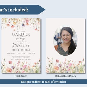 May include: Invitation design for a garden party celebrating an 18th birthday. The front design features floral illustrations and text. The optional back design includes a photo of a young woman. The text reads "Garden Party" and "Stephanie's 18th Birthday".