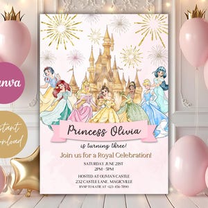 Invitation d'anniversaire de princesse Invitation de princesse Invitation de fête de princesse Fille princesse Invitations Or rose MODIFIABLE Téléchargement instantané