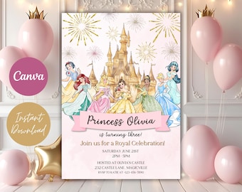 Puede incluir: Una invitación imprimible rosa y dorada para una fiesta de cumpleaños con temática de princesas. La invitación presenta una imagen de dibujos animados del castillo de Cenicienta, fuegos artificiales y princesas de Disney. El texto dice "¡La princesa Olivia cumple tres años! ¡Únete a nosotros para una celebración real! Sábado 21 de junio 14:00-17:00 Organizado en el castillo de Olivia 232 Castle Lane, Magicville RSVP a Katie al 123-456-7890"