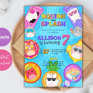 Puede incluir: Una vibrante invitación a una fiesta en la piscina, con el texto "Squish and Splash" y "Allison cumple 7". El diseño incluye personajes de dibujos animados en flotadores, la fecha del 27 de julio e información de RSVP. Descarga digital.