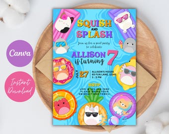 Squishmallow Pool Party Invitation: Editable Birthday Template (Digital Download)