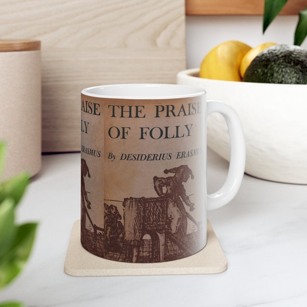 Taza de café La alabanza de la locura de Desiderius Erasmus, tazas de libros, taza de café, taza de cerámica, regalo para amantes de los libros