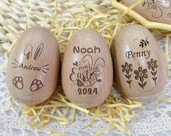 Shaker per uova in legno personalizzati-Strumento musicale per bambini in legno-Elemento di coniglio carino-Uovo di Pasqua per bambini-Regali personalizzati per il primo compleanno del bambino