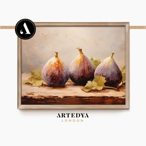 May include: A painting depicting three ripe purple figs on a wooden surface with green leaves. The figs are arranged in a row, with the largest fig in the centre. The painting is executed in a realistic style, with a soft focus and warm colours.