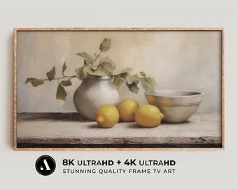 Arte de TV con marco, bodegón vintage: pintura al óleo de limón / tonos neutros / descarga digital 4k y 8k / decoración rústica / por ARTEDYA