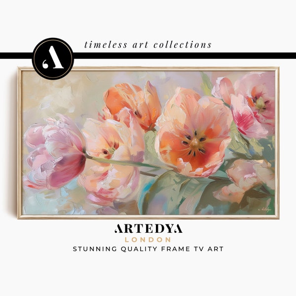 Floral vintage : peinture à l'huile de tulipes | Couleurs douces | Décoration murale printemps pour téléviseur Samsung | Collection « Botanique » par ARTEDYA