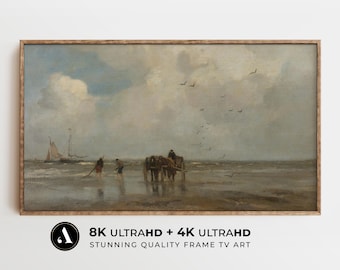 Arte para TV enmarcada / Pintura de paisaje costero vintage: Pesca de conchas / Descarga digital 4k y 8k / Paisaje marino con barco y caballos / por ARTEDYA