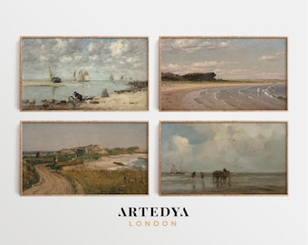 Conjunto de cuatro cuadros de paisaje marino vintage para televisión con diseño costero / Marco de paisaje marino / Casa de playa náutica / por ARTEDYA